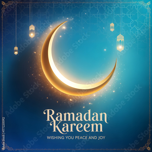 Ramadan kareem crescent moon festive greeting with hanging lanterns starry sky ambiance beautiful