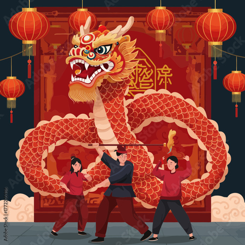 Traditional Chinese New Year Dragon Dance Performance