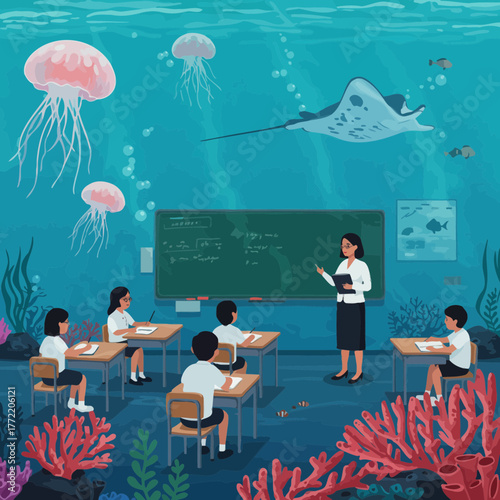 Marine Science Class Under the Ocean Surface