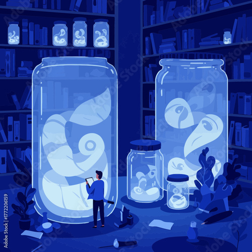 Scientist Examining Giant Biology Jar Specimens