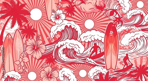 Fototapeta Naklejka Na Ścianę i Meble -  Red Summer Surf Illustration with Surfers Waves and Tropical Flowers