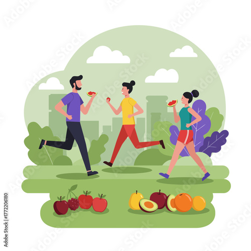 Active People Enjoying Fitness and Fresh Fruit