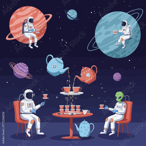 Astronauts and Alien Enjoying Zero Gravity Tea Party