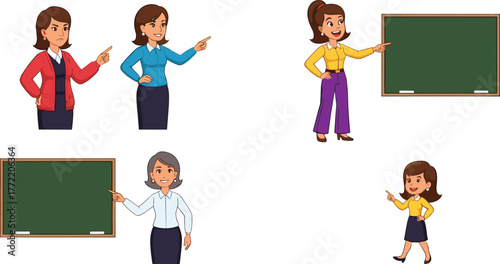 Cartoon female teacher characters pointing at chalkboard in classroom with different poses and expressions, education learning illustration for school