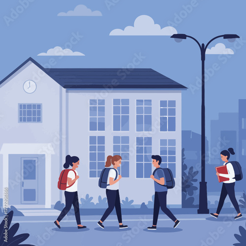 Diverse Student Group Walking To University Campus.