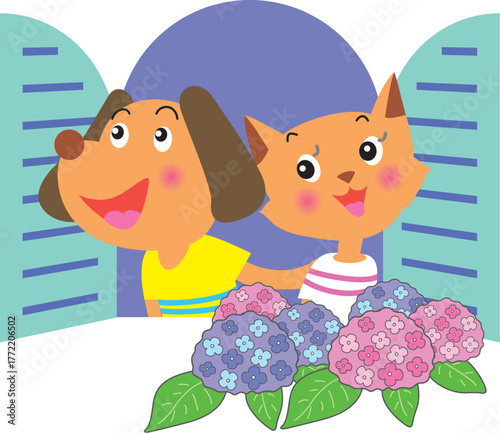 窓辺の犬と猫とあじさい
