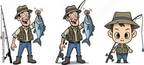 Cartoon fisherman holding big fish with fishing rod, outdoor adventure illustration showing fishing success, hobby, sport, nature, and lifestyle activity.