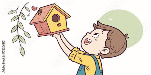 Young boy holding birdhouse and smiling while outdoors with leaves  