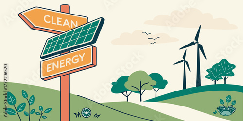 Clean energy signpost with solar panel and wind turbines in landscape  