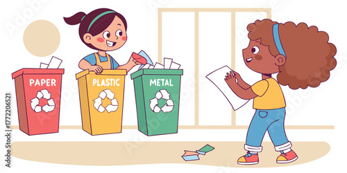 Two children sorting recyclables into bins in a classroom setting  