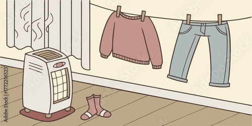 Clothes hanging to dry near heater in cozy indoor setting  