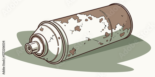 Corroded aerosol can with paint spills and rust on green background  