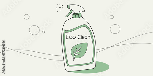 Eco-friendly cleaning spray bottle with leaf design and bubbles  
