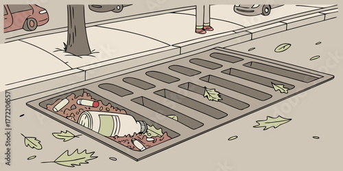 Debris in drainage grate with leaves and trash on city street  