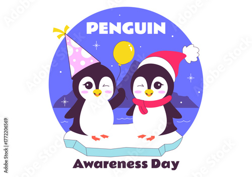 Penguin Awareness Day Vector Illustration on January 20, Featuring Penguins and an Iceberg to Promote Animal Conservation on a Flat Background
