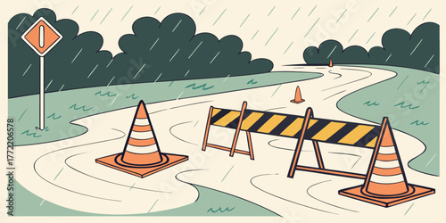 Flooded road with traffic barriers and construction cones in rain  