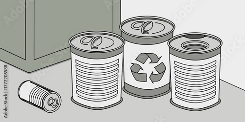 Empty tin cans ready for recycling in a minimal kitchen setting  