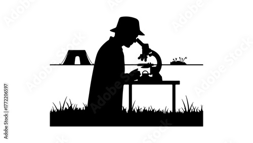 Scientist examining sample with microscope with transparent background