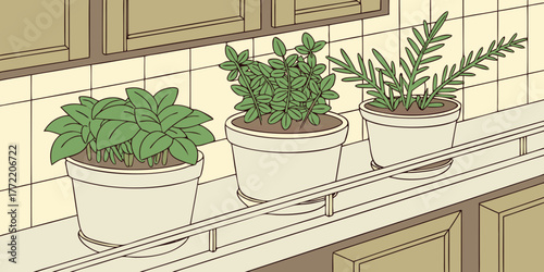 Potted herbs on kitchen rail in minimalist style with soft colors  