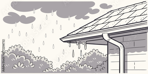 Rainwater dripping from roof during overcast weather  