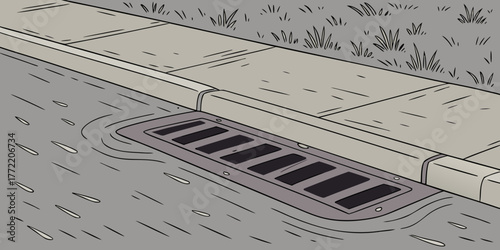 Rainwater draining into a street gutter alongside a sidewalk