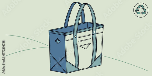 Recycled denim tote bag with modern design on green background  