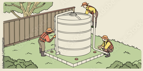 Workers installing rainwater tank in backyard with garden in view  