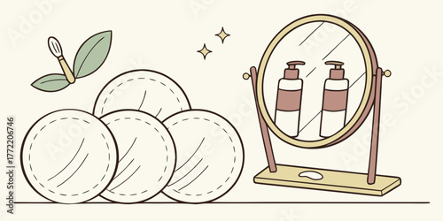 Reusable cotton pads beside mirror with skincare products and leaf  