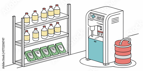 Refill station with bottles and bags on shelf in modern style  