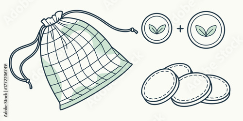Reusable cotton pads in mesh bag with natural leaf symbols  