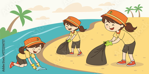 Children cleaning the beach and collecting trash in sunny environment  
