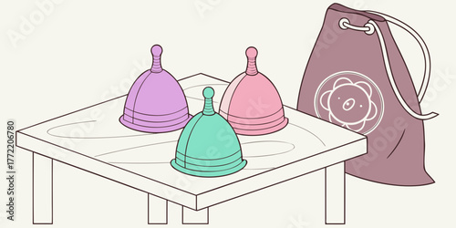 Colorful eco-friendly menstrual cups on table with drawstring bag  