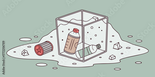 Trash trapped in ice inside a transparent container on green background  