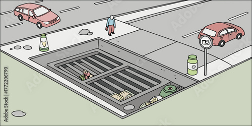 Trash trap in storm drain with debris and urban environment