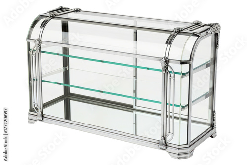 Ornate vintage-style glass and silver bakery display case isolated on transparent background