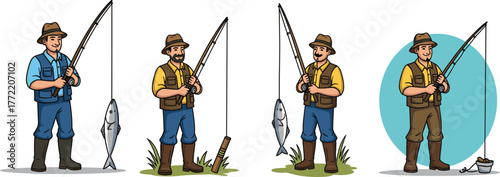 Cartoon fisherman holding fishing rod with big fish catch, outdoor fishing hobby illustration, vector design of fishing activity character