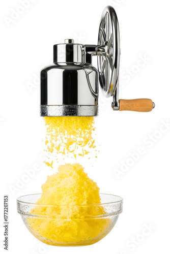 Manual hand crank ice shaver making a yellow snow cone treat isolated on transparent background
