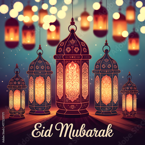 Vibrant ramadan lanterns illuminated for eid mubarak celebration festive islamic decorations glowing lights