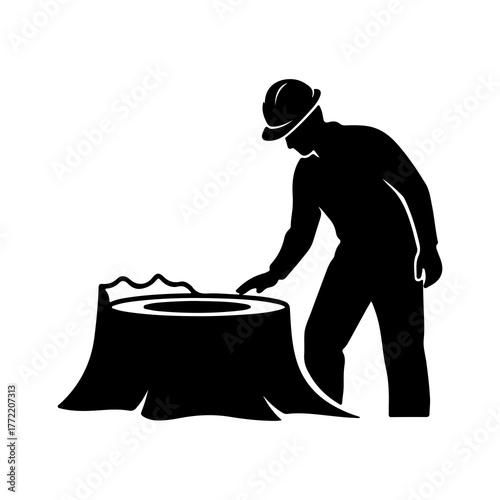 Lumberjack examining tree stump with transparent background