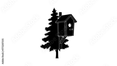 Birdhouse on tree with transparent background