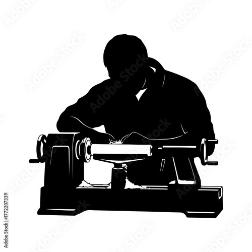 Woodworker crafting on a lathe with transparent background