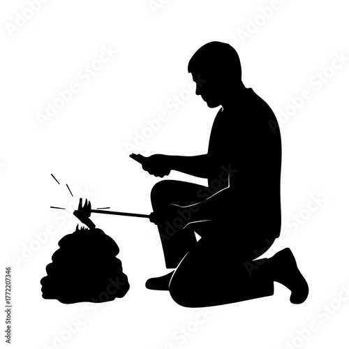 Man roasting marshmallows over campfire with transparent background