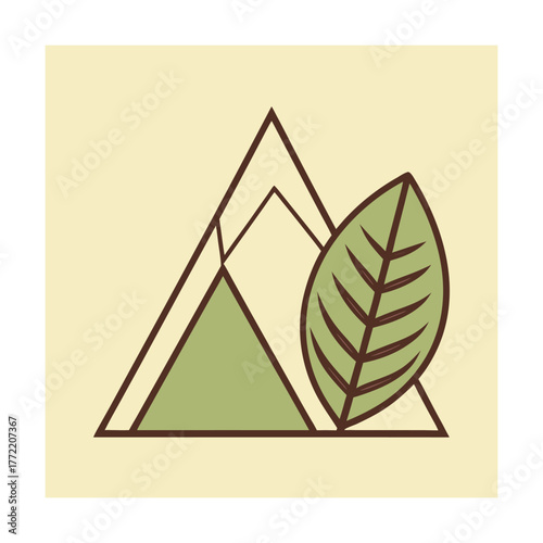 Geometric Mountain Peak with Leaf and Abstract Lines on Cream Background Keywords: nature, mountain, peak, leaf, green, abstract, geometric