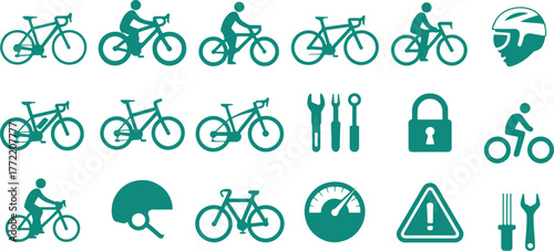 Bicycle Silhouette Icon Set – Mountain Bike, Parking, Tracker, Light, Bell, Group Ride, Downhill, Vector Illustration
