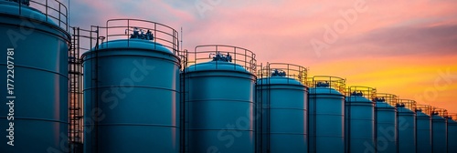 Low angle composition of industrial hydrogen tanks aligned beside refueling station. 