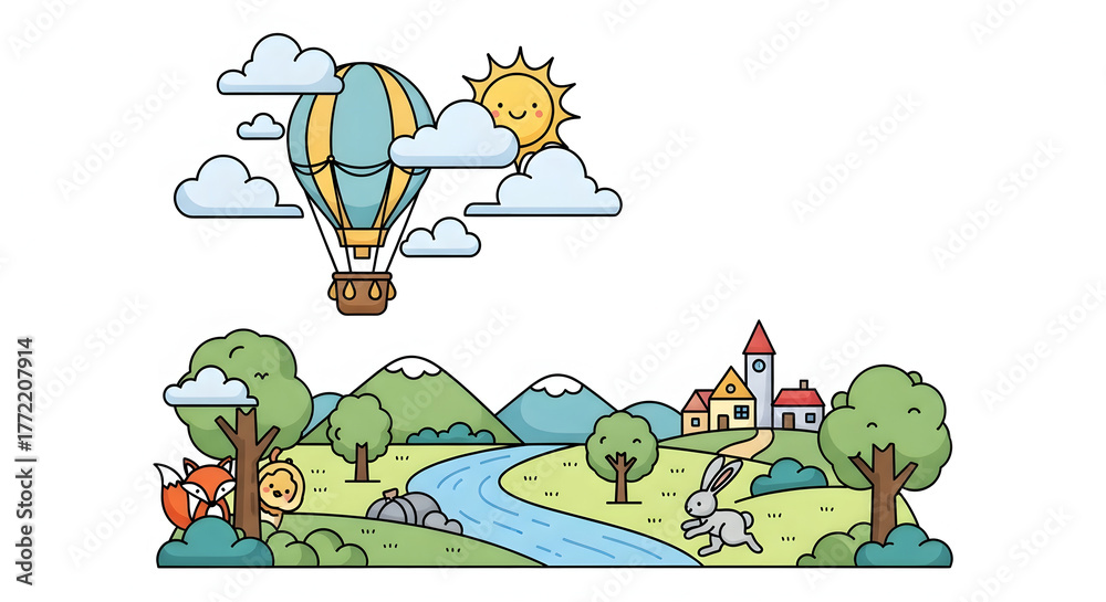 Obraz premium Scenic Landscape with Hot Air Balloon A Playful Illustration of Nature, Adventure, and Serenity
