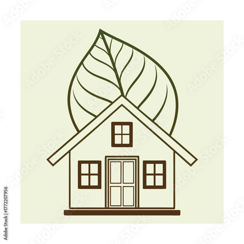House with large leaf behind roof on beige background Keywords: house, home, building, architecture, leaf, leaves, green, nature, eco, organic