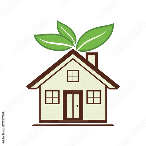 House with green leaves on roof on white background Keywords: house, home, building, architecture, leaves, leaf, green, nature, eco, organic