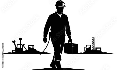 frontline worker journeying towards vital infrastructure, carrying essential tools forward