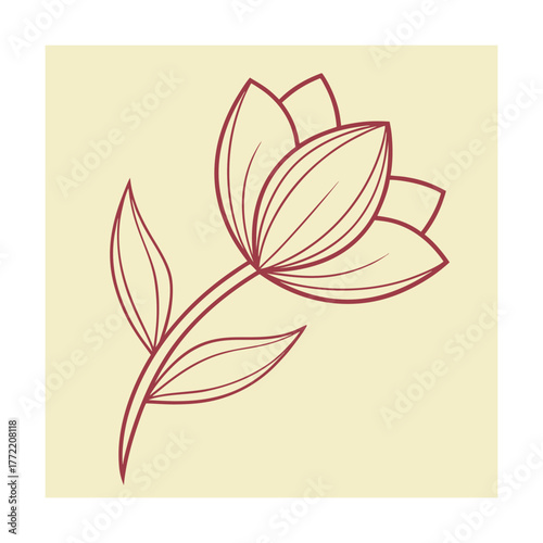 Minimalist red tulip outline with leaves on a pale yellow background flower floral